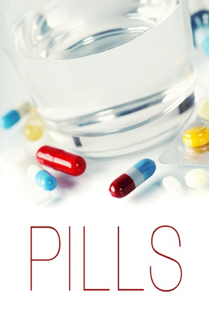 Glass of Water and Pills (with sample text)の写真素材