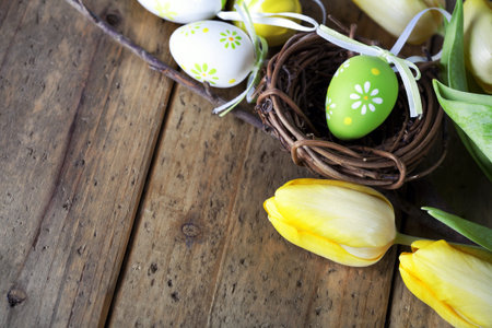 easter eggs with yellow tulip flowers  isolated on wooden board