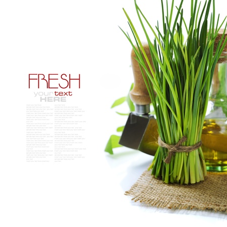A bunch of fresh chives and olive oil over white (with easy removable text)の写真素材