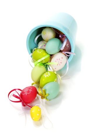 Painted Colorful Easter Eggs on white background の写真素材