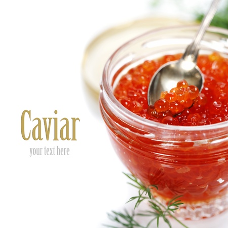 Red caviar on white background (with easy removable sample text)の写真素材