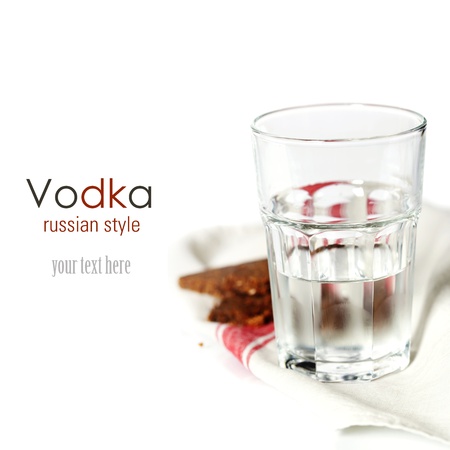 Russian vodka with traditional black bread over white (with easy removable sample text)の写真素材