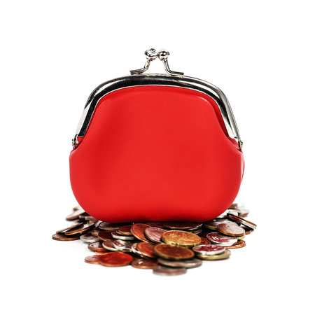 Red purse and coins  on white の写真素材