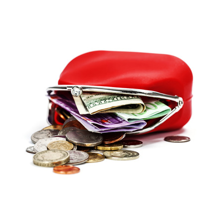 Red purse with money on white の写真素材