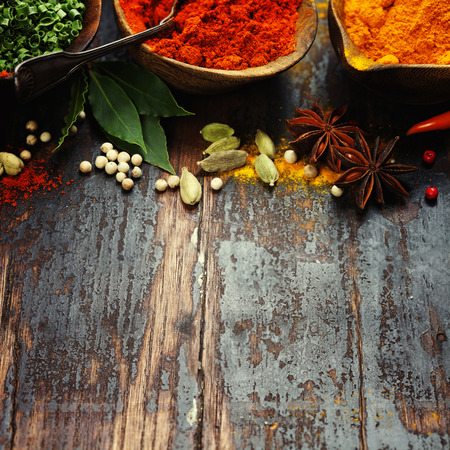 Spices and herbs over Wood. Food and cuisine ingredients.の写真素材