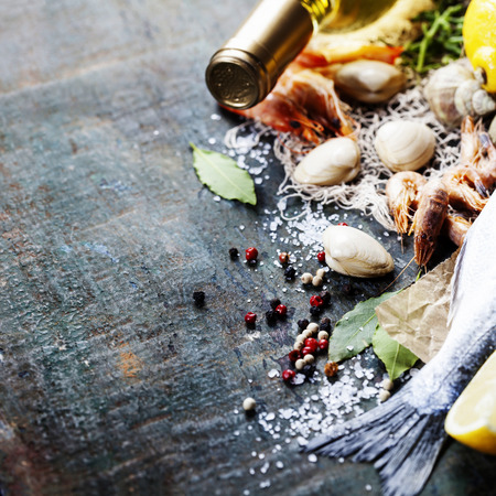 Food background with Seafood and Wine. Lots of copy spaceの写真素材