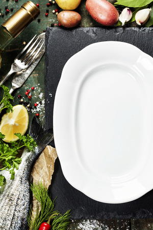 Food background with Fish and Wine. Lots of copy spaceの写真素材