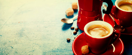 Coffee composition on blue rustic backgroundの写真素材