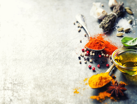 Herbs and spices selection on vintage backgroundの写真素材