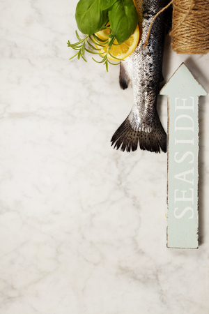 Raw rainbow trout with lemon, herbs and spicesの写真素材