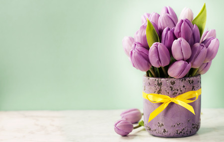 Purple tulip bouquet on blue backgroundの写真素材