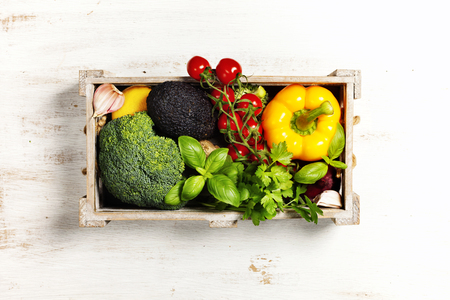 Healthy natural food on rustic wooden table with copy space.の写真素材