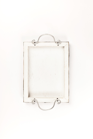 Vintage wooden tray on white backgroundの写真素材