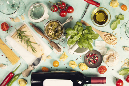 italian food background, healthy food concept or ingredients for cooking pesto sauce on a vintage background top view with copy spaceの写真素材