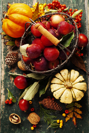 Apples in basket and autumn decorations on old wooden backgroundの写真素材