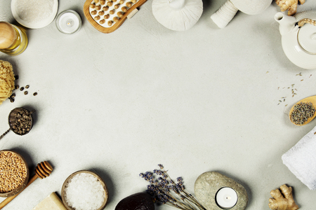 Spa Concept. Top view of beautiful Spa Products on concrete backgroundの写真素材