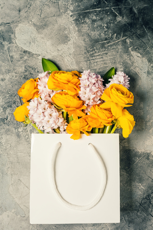 Beautiful spring flowers and Easter decorationsの写真素材