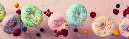 Sweet and colourful doughnuts with sprinkles and berries falling or flying in motion against pink pastel backgroundの写真素材