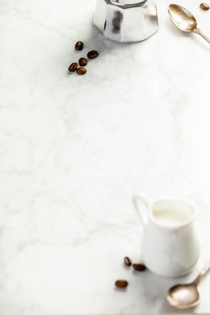 Coffee composition on white marble background. Food frame conceptの写真素材