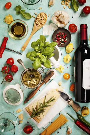 italian food background, healthy food concept or ingredients for cooking pesto sauce on a vintage background top view with copy spaceの写真素材