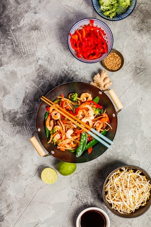 Stir fry with prawns, vegetables, soy sause and sesameの写真素材