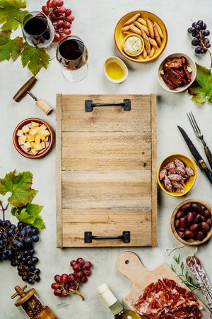 Wine and tapas, top viewの写真素材