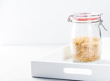 Rice in a Glass Jar - space for textの写真素材