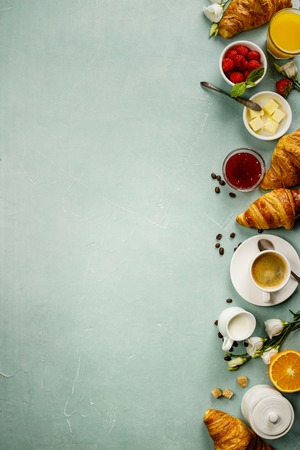 Continental breakfast captured from above - space for textの写真素材