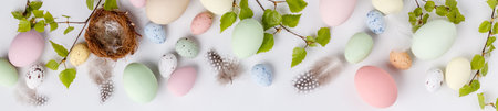 Easter composition on white backgrount, flat lay, top view