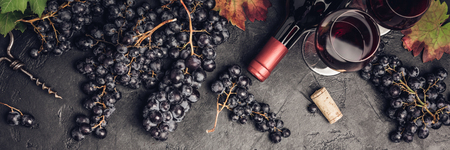 Wine composition on dark rustic background, flat layの写真素材