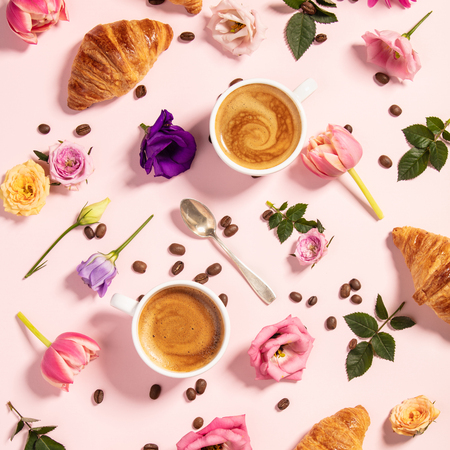 Morning coffee, croissants and a beautiful flowers . Flat lay style.の写真素材