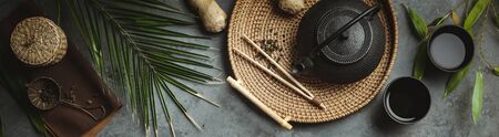 Traditional Asian tea ceremony arrangement, flat layの写真素材