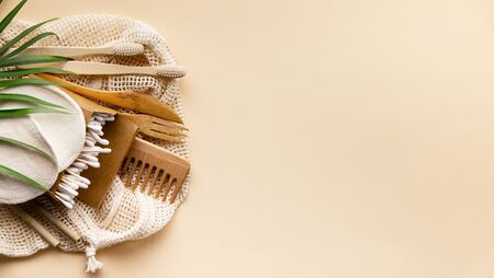 Set of eco friendly toiletries and bathroom products on color background, flat layの写真素材