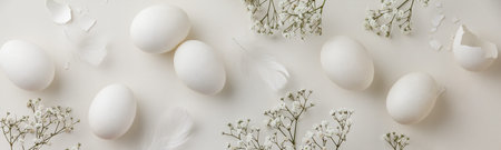 Easter concept. Eggs, petals, feather and flowers on white background, flat lay, top view