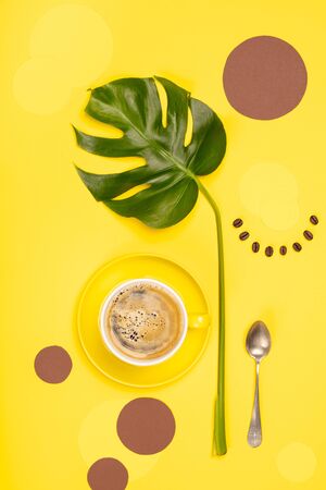 Creative flat lay with cup of coffee and tropical plantの写真素材