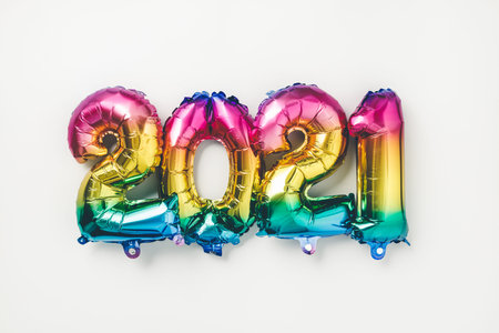 Rainbow colored Foil balloons in the form of numbers 2021. New year celebration