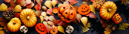 Pumpkins with Halloween decorations on dark background