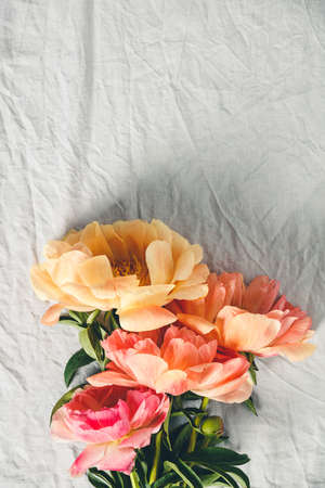 Flat-lay of Beautiful peony flowers over grey linen table cloth background, top view, copy spaceの写真素材