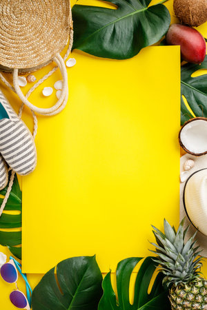 Straw hat, camera, bag, summer shoes, sunglasses, shells, tropical leaves and fruits over yellow...