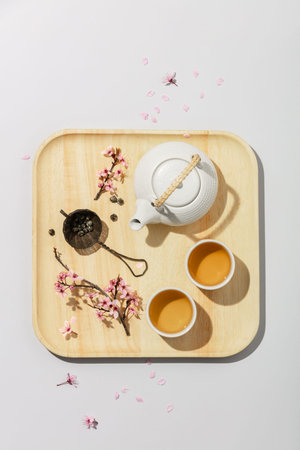 Tea concept, two white cups of tea and teapot on concrete backgroundの写真素材