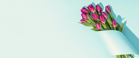 Creative layout made of spring tulip flowers on blue paper background, flat lay, copy spaceの写真素材