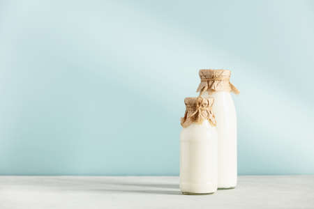 Dairy plant based milk in bottles and ingredientsの写真素材