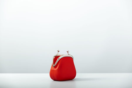 Open Red Coin Purse on blue background with copy space