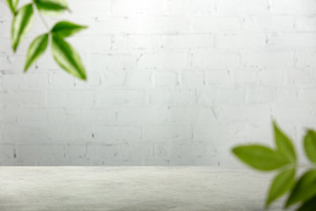 Empty table top, green leaves and white brick wal. Copy space for products display montageの写真素材