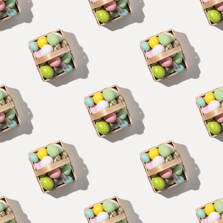 Seamless pattern easter eggs baskets on white background