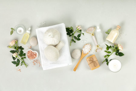 Spa massage Aromatherapy body care background, flat layの写真素材