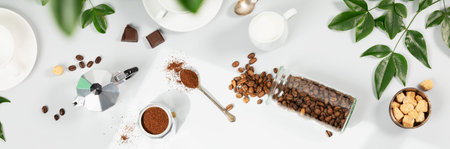 Coffee composition on light grey background, window shadow and green branches, flat lay, bannerの写真素材