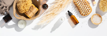 Natural organic skin care products on white background, flat layの写真素材