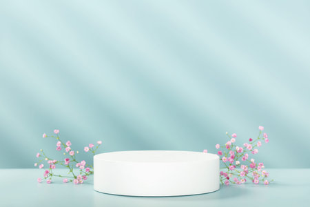 Abstract empty white podium with geometric shadows and pink flowers on blue background. Mock up...