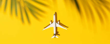 Flat lay traveler accessories on yellow background with blank space for text. Top view travel or vacation concept. Summer backgroundの写真素材